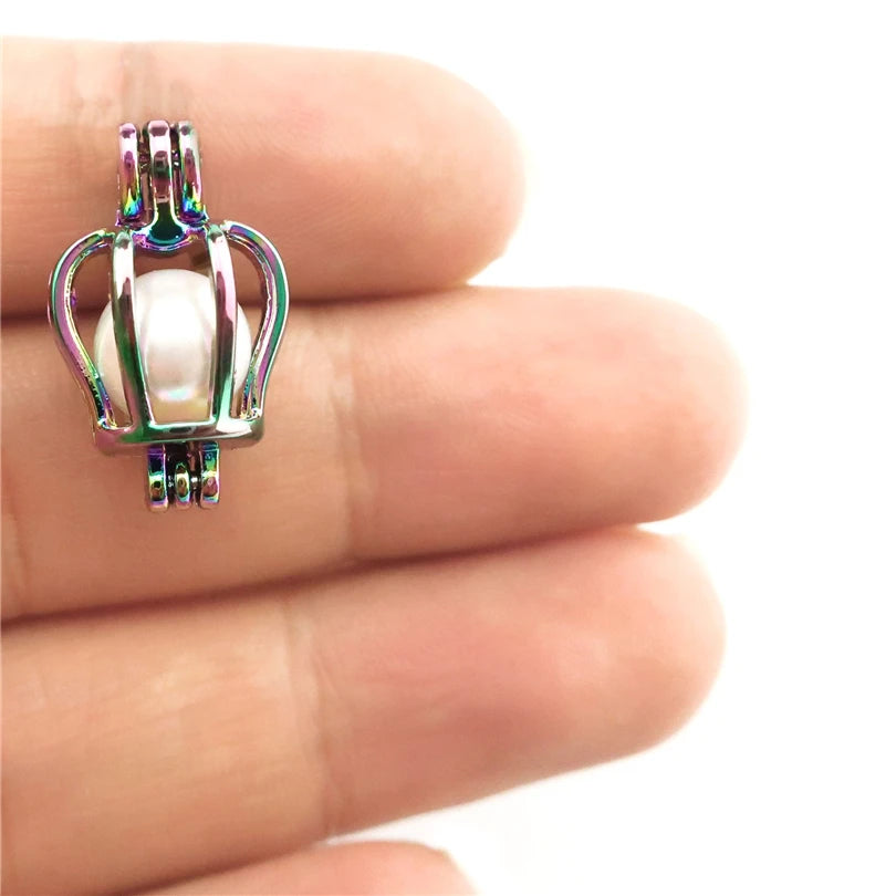 10PCS Rainbow Crown Charm Pearl Cage Locket Aromatherapy Diffuser Pendant