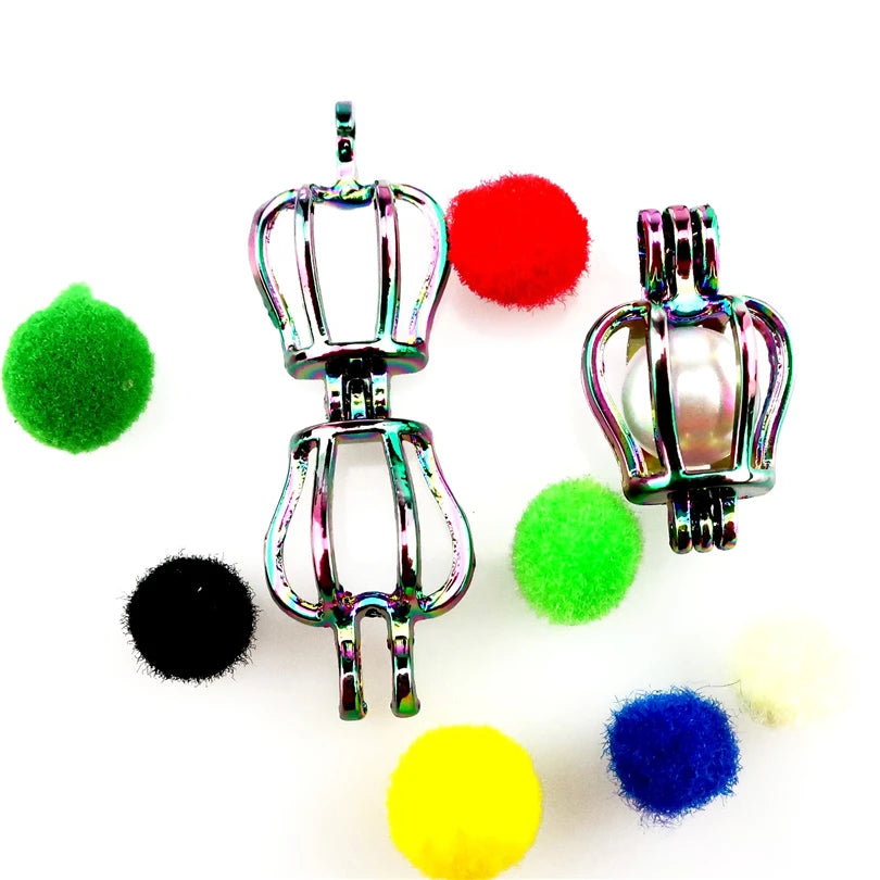 10PCS Rainbow Crown Charm Pearl Cage Locket Aromatherapy Diffuser Pendant