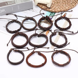 10PCS Men's Ethnic Tribal Leather Bracelet Set Brown Rope Strap Wristbands