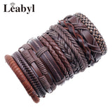 10PCS Men's Ethnic Tribal Leather Bracelet Set Brown Rope Strap Wristbands