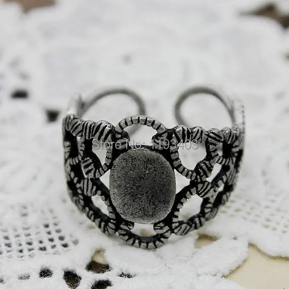 10PCS Adjustable Antiqued Silver Plated Brass Rings with 8x10mm Pad Nickel Free