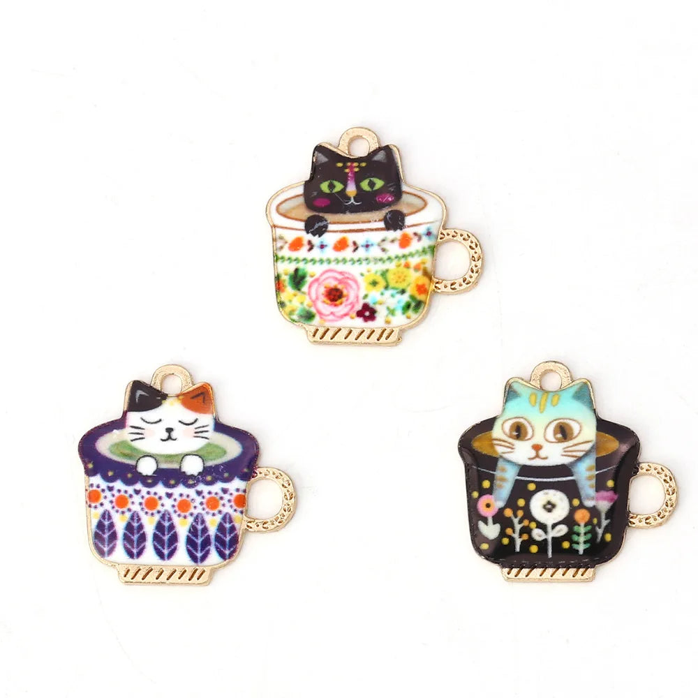 10PCs Zinc Alloy Charms Pendant Cup Cat Enamel DIY For Jewelry Making