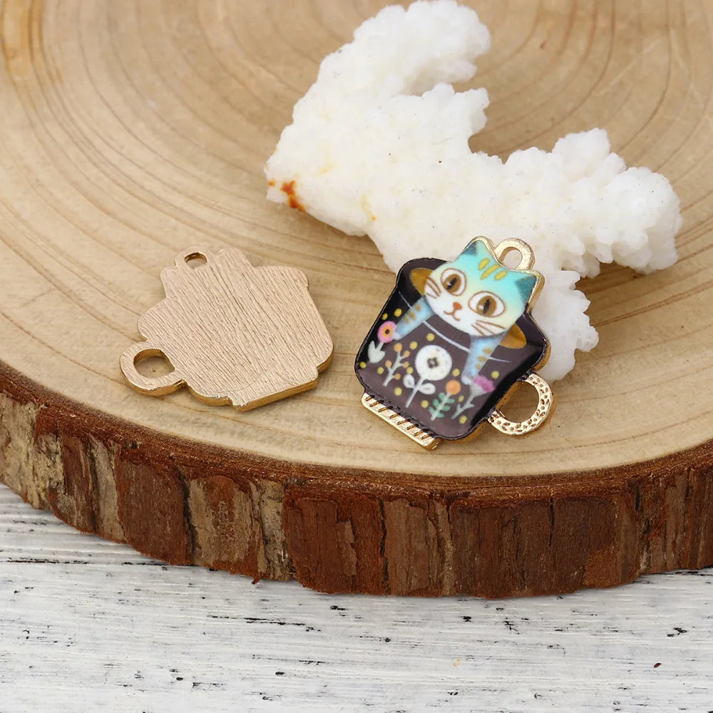 10PCs Zinc Alloy Charms Pendant Cup Cat Enamel DIY For Jewelry Making