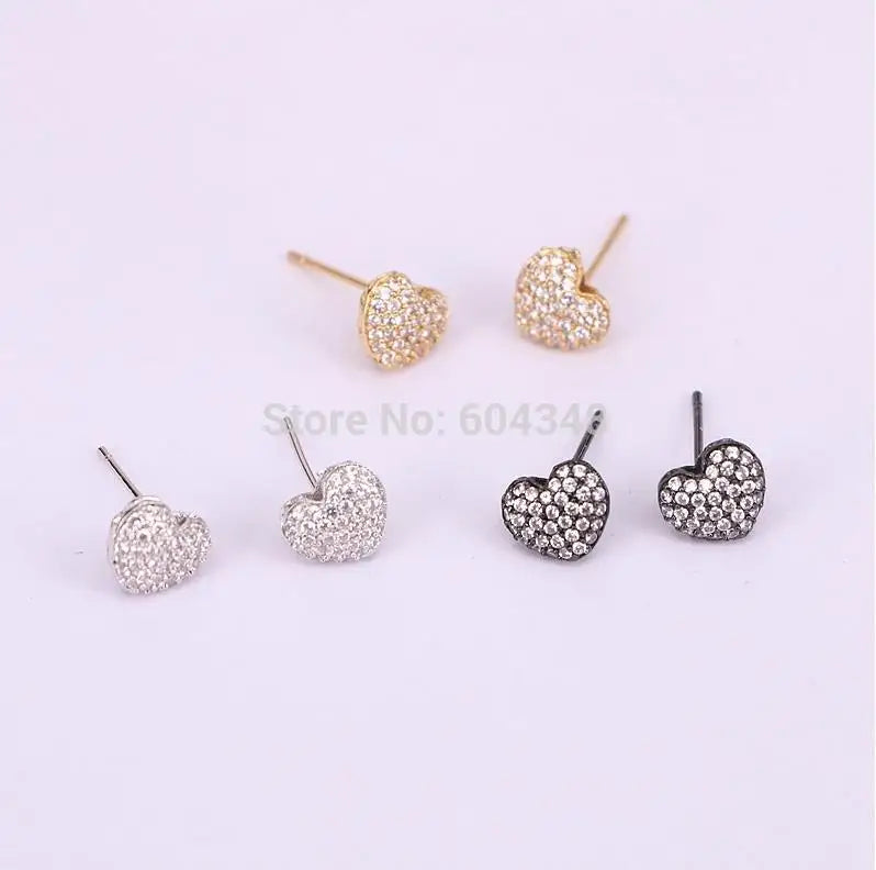 10Pairs Silver Heart Earring Micro Pave Clear CZ Zircon Stud Earrings