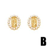 Gold Plated Virgin Mary Pearls Stud Earrings for Women Lady