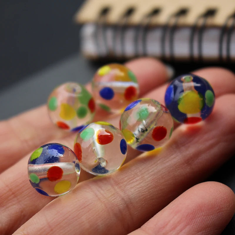 10Pcs 12mm Lampwork Glass Beads Round Clear Colorful Dots Jewelry Making