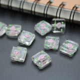 10Pcs 12mm Clear Glass Beads with Pink Flower Charms for Jewelry Making