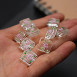 10Pcs 12mm Clear Glass Beads with Pink Flower Charms for Jewelry Making