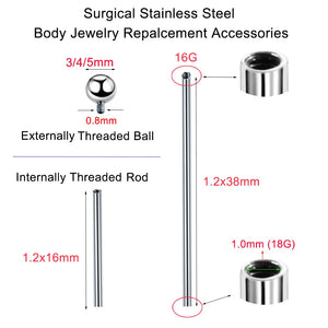 10Pcs 16G 1.2x16/38mm Threaded Bar Jewelry Tongue Industrial Piercing Balls