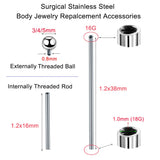 10Pcs 16G 1.2x16/38mm Threaded Bar Jewelry Tongue Industrial Piercing Balls