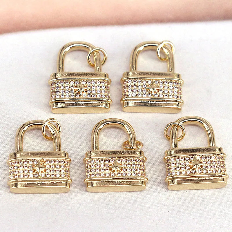 10Pcs Vintage Padlock Pendant Charm, CZ Pave lock Plated Pendant