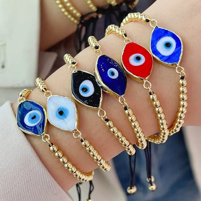 10Pcs Women Lucky Eye Bracelet With Golden Plated Beads & Turkey Glass Eyes