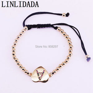 10Pcs 4mm Copper Bead Bracelet with Rainbow CZ Initials Letter Heart Charm