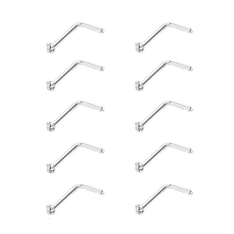 10Pcs 925 Sterling Silver Nose Ring Studs Clear Crystal Nose Pin Set