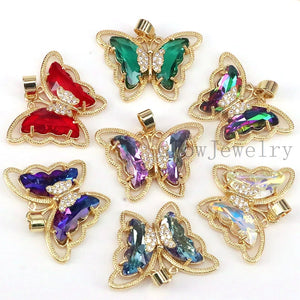 10Pcs Butterfly Charms Crystal Glass Pendant Gold-color DIY Earrings Necklace