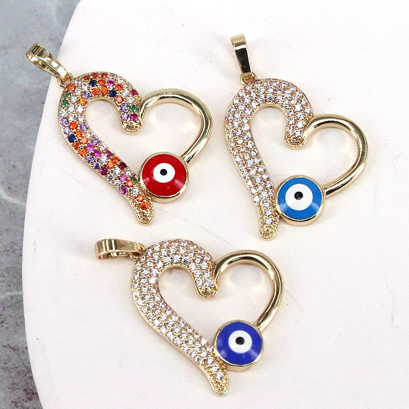 10Pcs CZ Heart & Enamelled Eye Pendant - Vintage Charms for Necklace Making