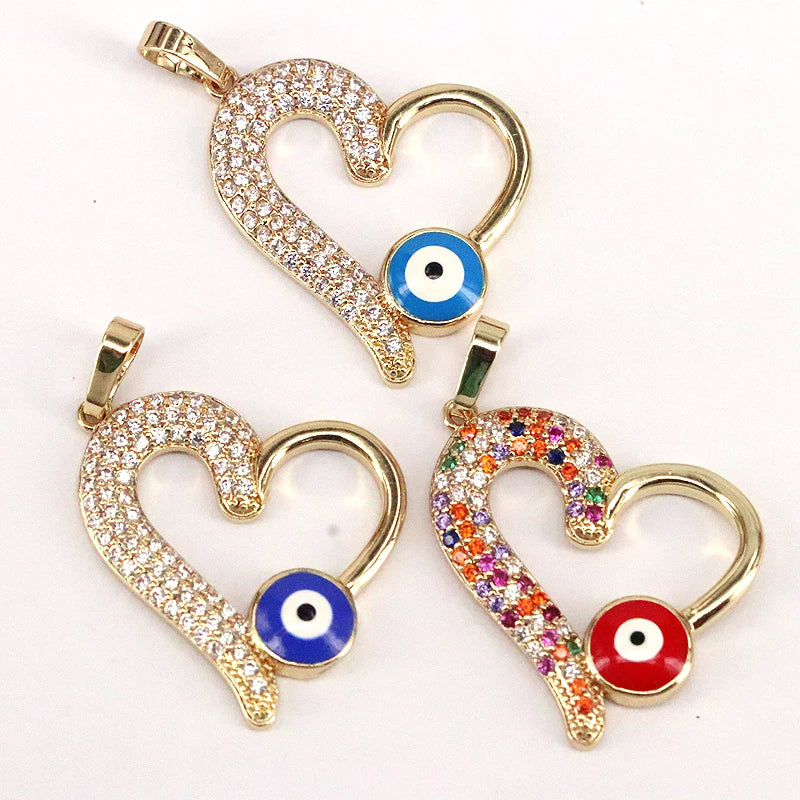 10Pcs CZ Heart & Enamelled Eye Pendant - Vintage Charms for Necklace Making