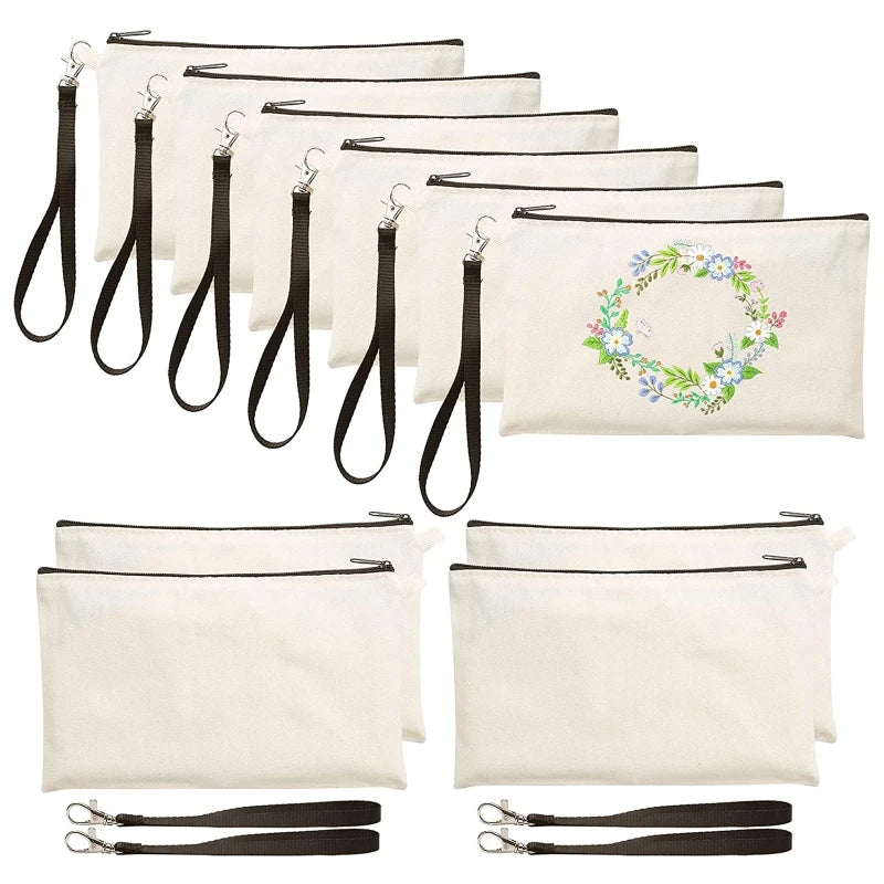 10Pcs Canvas Pencil Pouch Tote Bags Set DIY Craft Blank Zip Canvas Pen Case