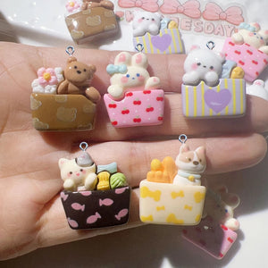 10Pcs Cartoon Box Dog Cat Bear Resin Charms For Jewelry Making