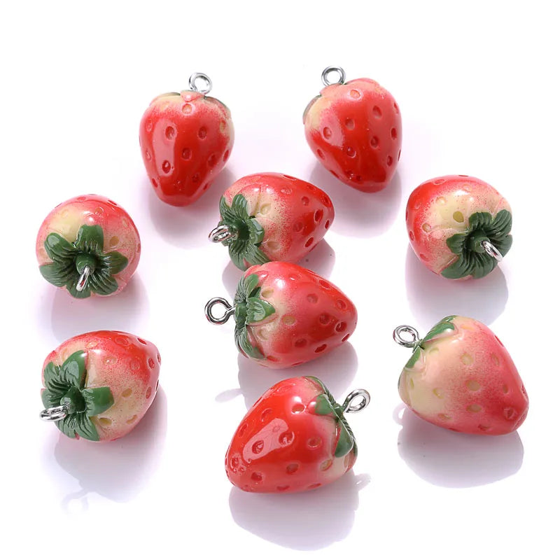 10Pcs 3D Strawberry Resin Pendant for DIY Jewelry Making