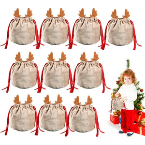 10Pcs Christmas Drawstring Bags Velvet Reusable Antlers Wrapping Candy Bags