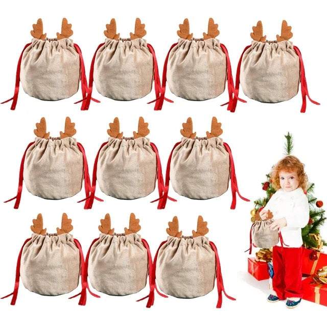 10Pcs Christmas Drawstring Bags Velvet Reusable Antlers Wrapping Candy Bags