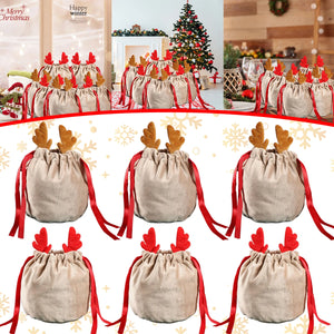 10Pcs Christmas Drawstring Bags Velvet Reusable Antlers Wrapping Candy Bags