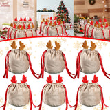 10Pcs Christmas Drawstring Bags Velvet Reusable Antlers Wrapping Candy Bags