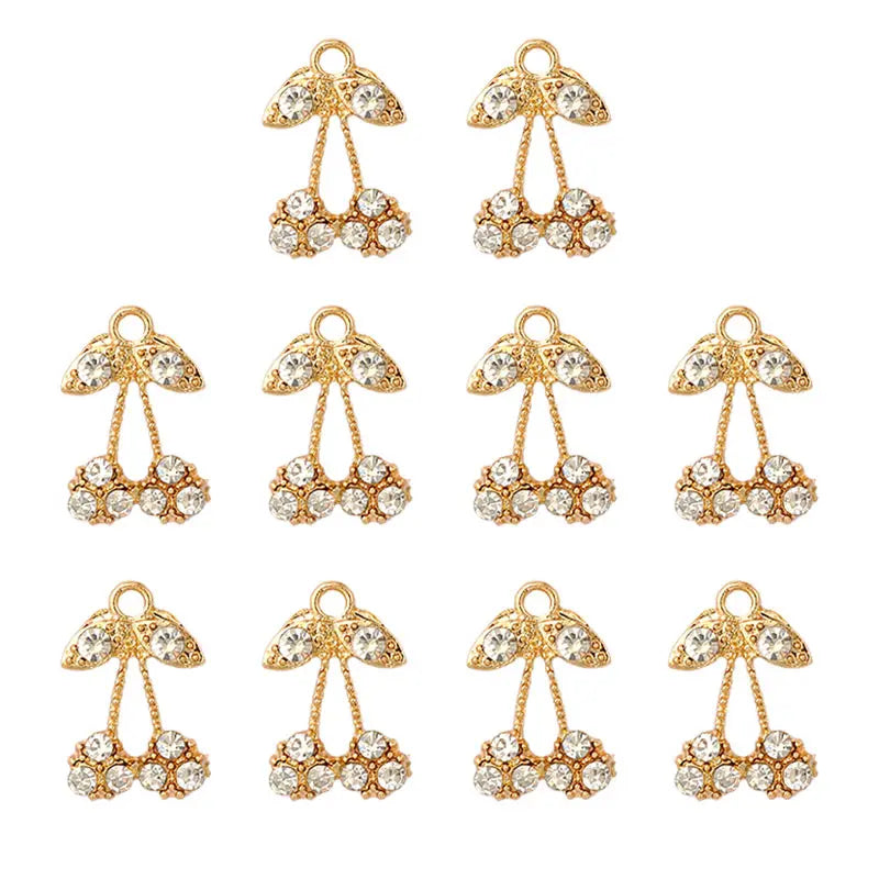 10Pcs Colorful Crystal Cherry Charms Golden Alloy Fruit DIY Earr