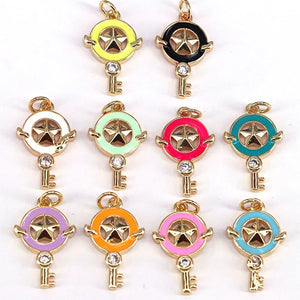 10Pcs Enamel Star Key Pendant, Colorful Dainty Enamel Charm Jewelry