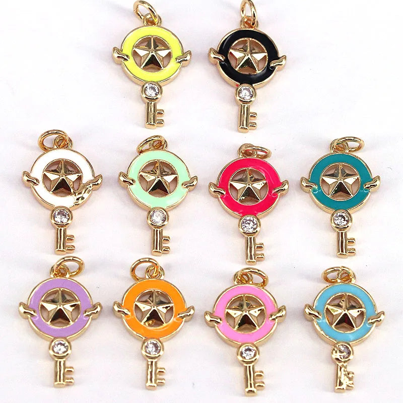 10Pcs Enamel Star Key Pendant, Colorful Dainty Enamel Charm Jewelry