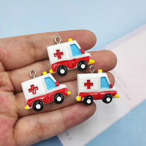10Pcs European Ambulance Car Resin Charms DIY Earrings Keychain