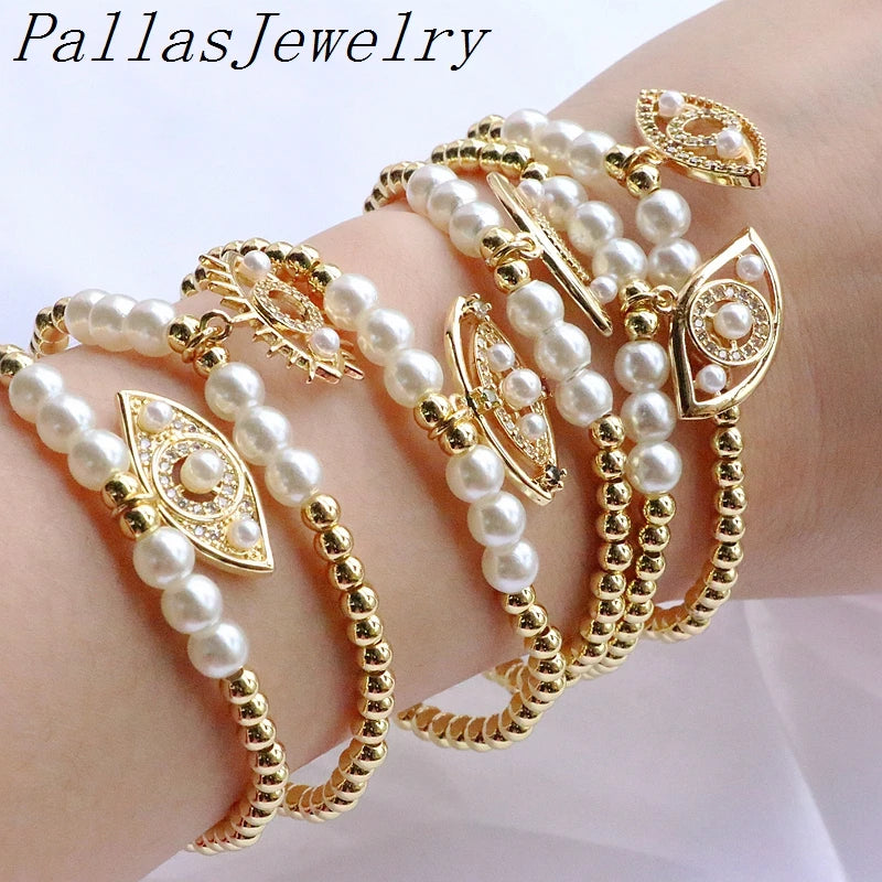 Zirconia Paved Shell Pearl Eyes Bracelets for Women