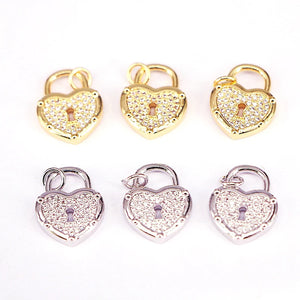 10Pcs CZ Heart Lock Charms Cubic Zirconia Padlock Pendants DIY