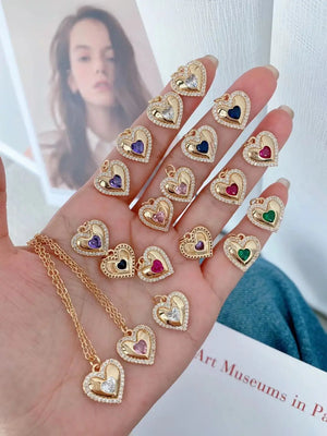 10Pcs Colorful Crystal Zircon Heart Charms Necklace For Women