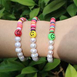 10Pcs Pearl Bracelet Polymer Clay Smiley Face Jewelry Boho Adjustable