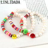 10Pcs Pearl Bracelet Polymer Clay Smiley Face Jewelry Boho Adjustable