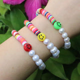 10Pcs Pearl Bracelet Polymer Clay Smiley Face Jewelry Boho Adjustable