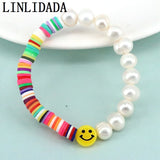 10Pcs Pearl Bracelet Polymer Clay Smiley Face Jewelry Boho Adjustable
