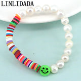 10Pcs Pearl Bracelet Polymer Clay Smiley Face Jewelry Boho Adjustable