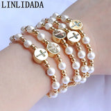 10Pcs Plated Beads Pearl Bracelet Colorful Cz Cross Heart Star Charm Bracelets