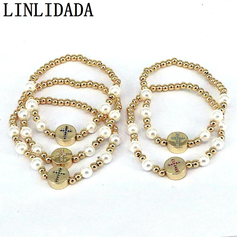 10Pcs Plated Beads Pearl Bracelet Colorful Cz Cross Heart Star Charm Bracelets