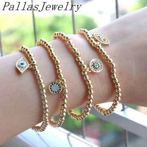 10Pcs Cz Micro Pave Eye Bracelet, Gold Plated Beads Bracelet