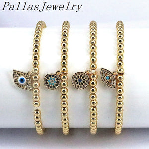 10Pcs Cz Micro Pave Eye Bracelet, Gold Plated Beads Bracelet