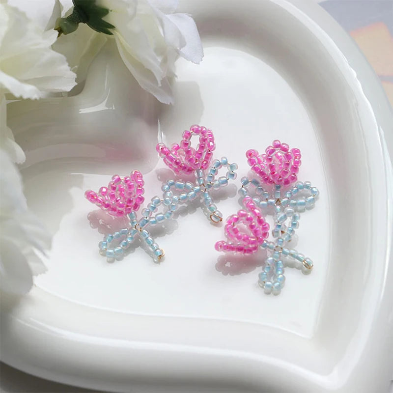 10Pcs Rose Pink Mini Beads Flower Charms for DIY Earrings Jewelry