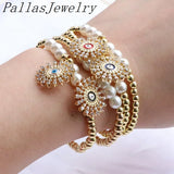10Pcs Shell Pearl Plated Beaded Charm Bracelets with Cubic Zircon Eyes Pendant