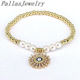 10Pcs Shell Pearl Plated Beaded Charm Bracelets with Cubic Zircon Eyes Pendant