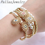 10Pcs Shell Pearl Plated Beaded Charm Bracelets with Cubic Zircon Eyes Pendant