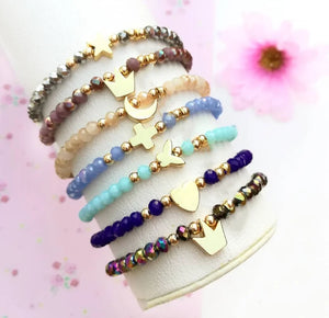 10Pcs Glass Bead Chain Bracelets with Star, Moon, Heart Pendants