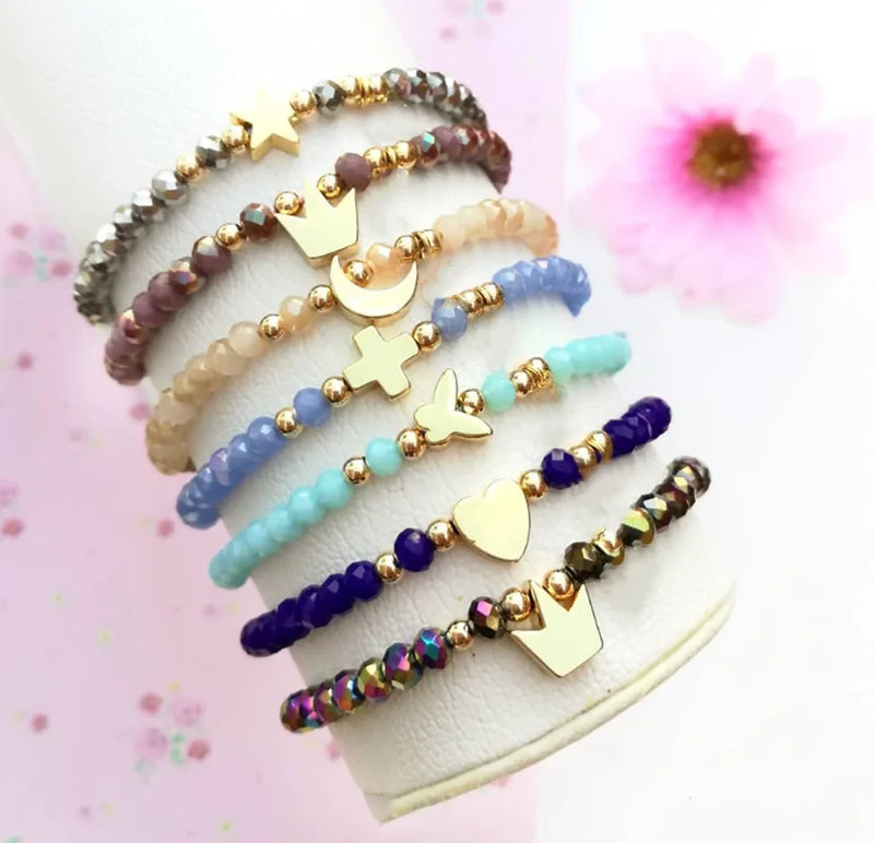 10Pcs Glass Bead Chain Bracelets with Star, Moon, Heart Pendants
